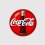 Coca-Cola-Logo von 1993 mit weißer Spencerian-Schrift und ikonischer Glasflasche auf einem leuchtend roten, glänzenden Kreis.