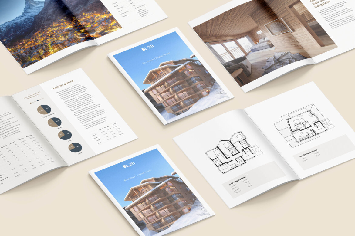 Flatlay der BL28-Broschüre mit Innenansichten, Grundrissen, Statistiken und dem Chalet-Hotel in Zermatt auf hellbeigem Hintergrund.