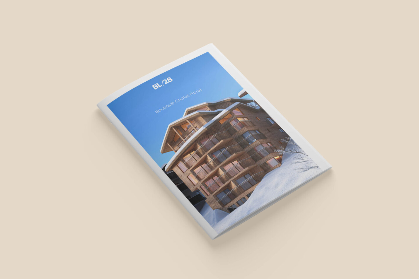 BL28-Broschüre mit Cover, das das Boutique Chalet Hotel in winterlicher Umgebung zeigt, mit klarem blauen Himmel und verschneitem Dach.