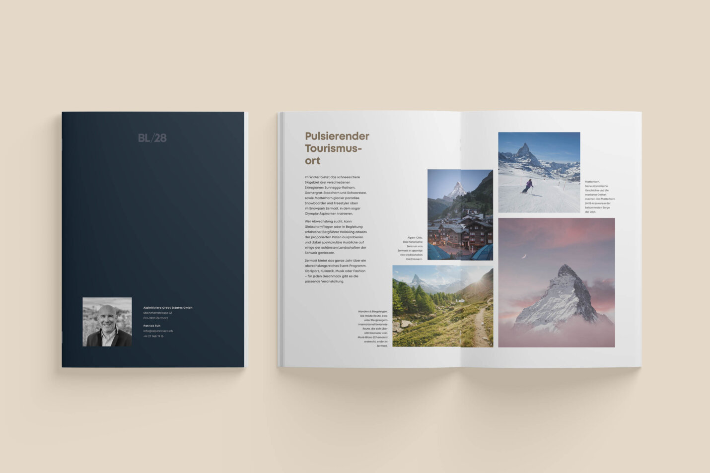 BL28-Broschüre mit dunklem Cover und aufgeschlagenen Seiten, die Zermatt als pulsierenden Tourismusort mit Matterhorn-Bildern präsentieren.