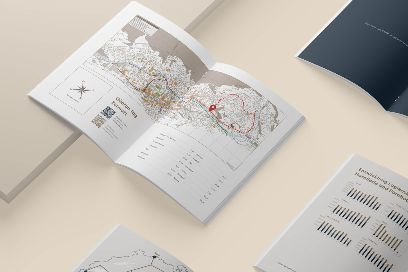 Geöffnete BL28-Broschüre mit Standortkarte von Zermatt, hervorgehobener Lage des Boutique Chalet Hotels und Routenübersicht.